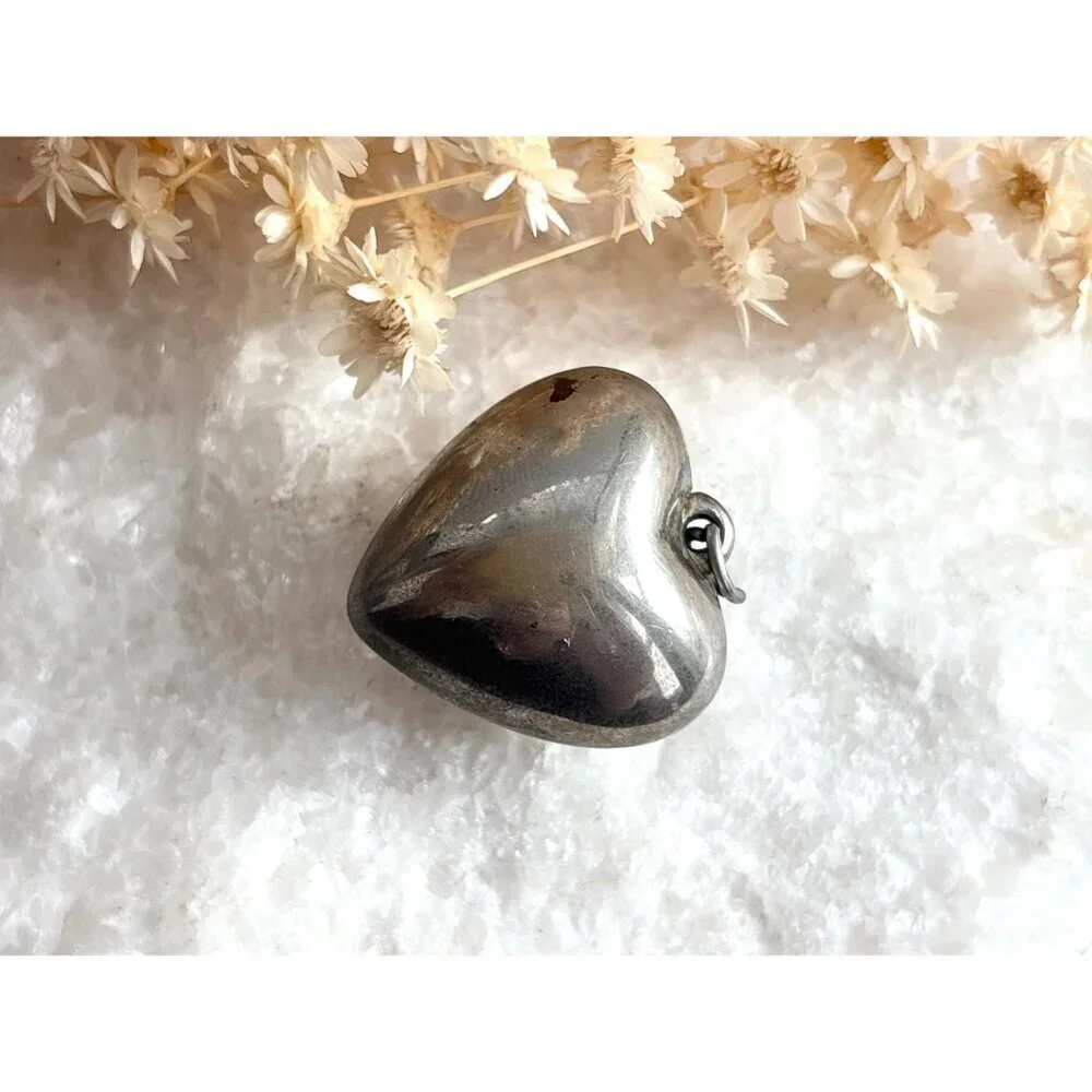 Silver Toned Puffed Heart Vintage Costume Jewelry Pendant | Charm